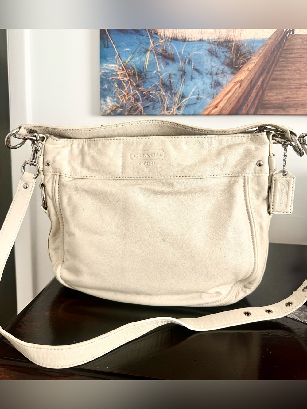COACH Zoe Medium Hobo Bag Cream Off White Leather Pink Lining F14707 EUC